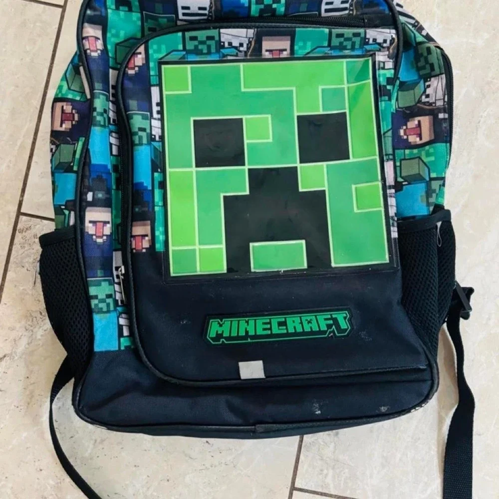 Minecraft Creeper Backpack Green Pixelated Face Gaming School Bag Mesh Pockets